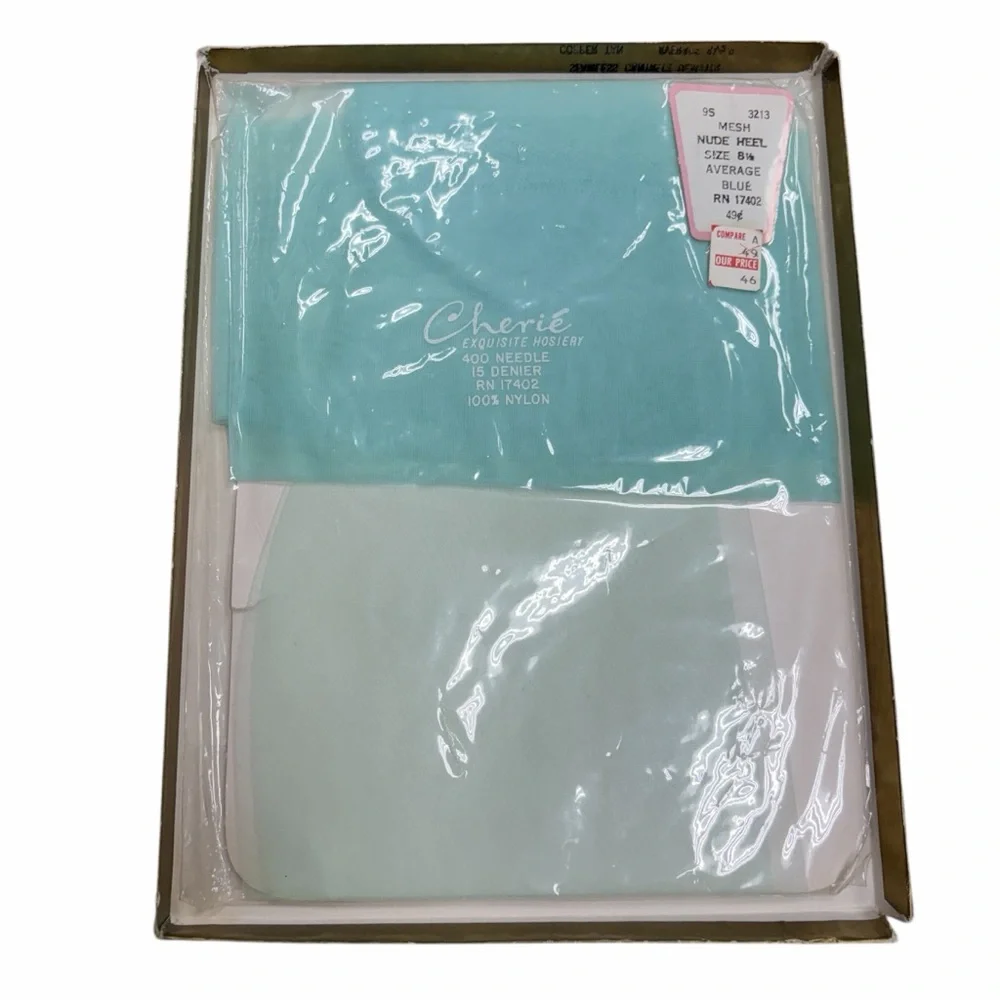 Vintage Cherie Exquisite Hosiery 100% Nylon Sheer Blue Stockings - Size‎ 8.5